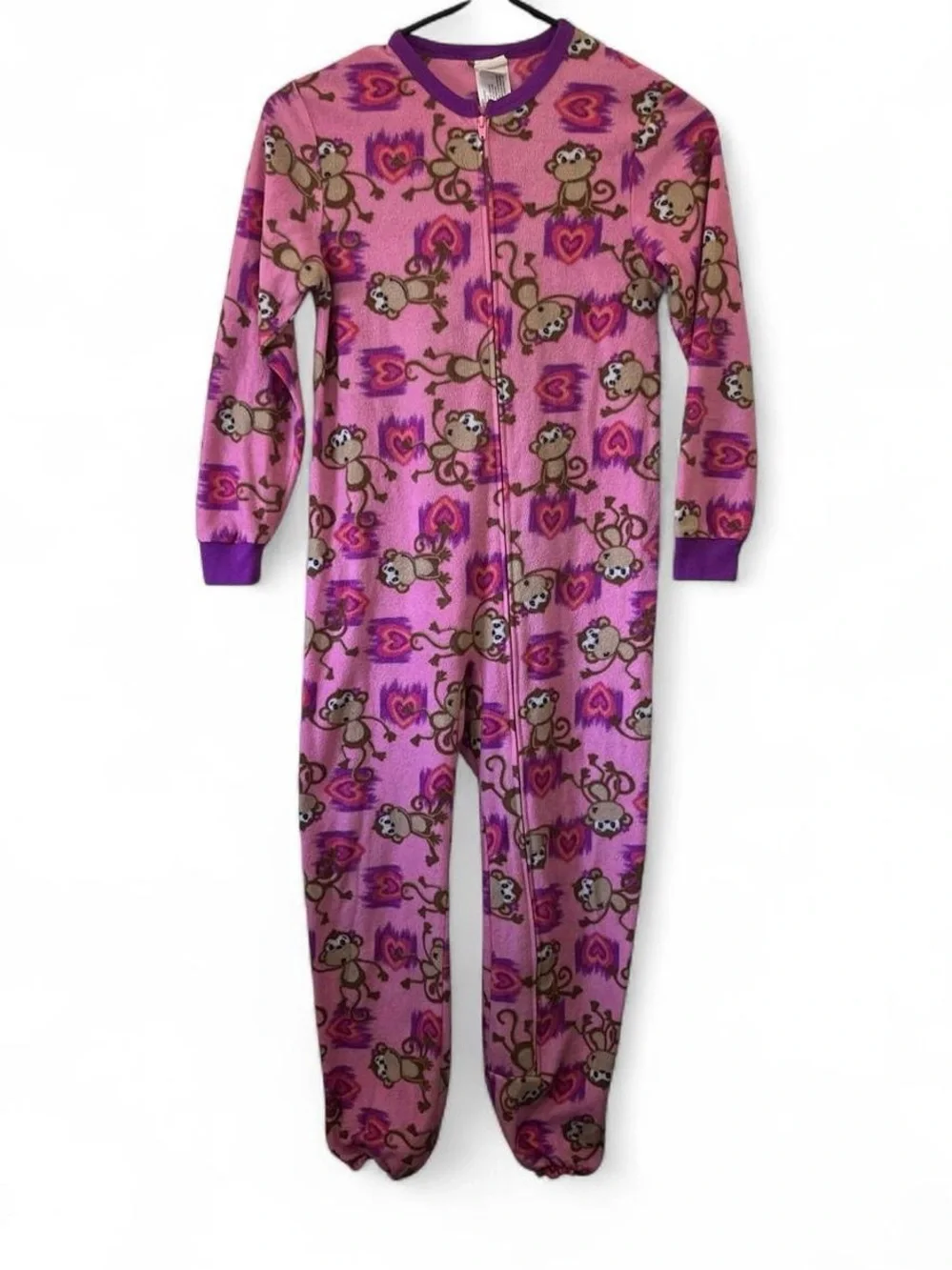 Girls Medium One Piece Fleece Sleeper Playful Monkey Hearts Graphic Footless GUC